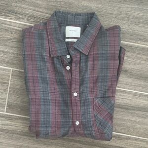 Billy Reid Men's Burgundy and Gray Striped Button-Down Shirt